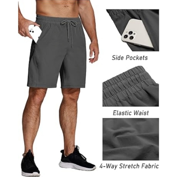 Men's Running Athletic Shorts Gym Workout Elastic Waist Dark Gray - Picture 7 of 8